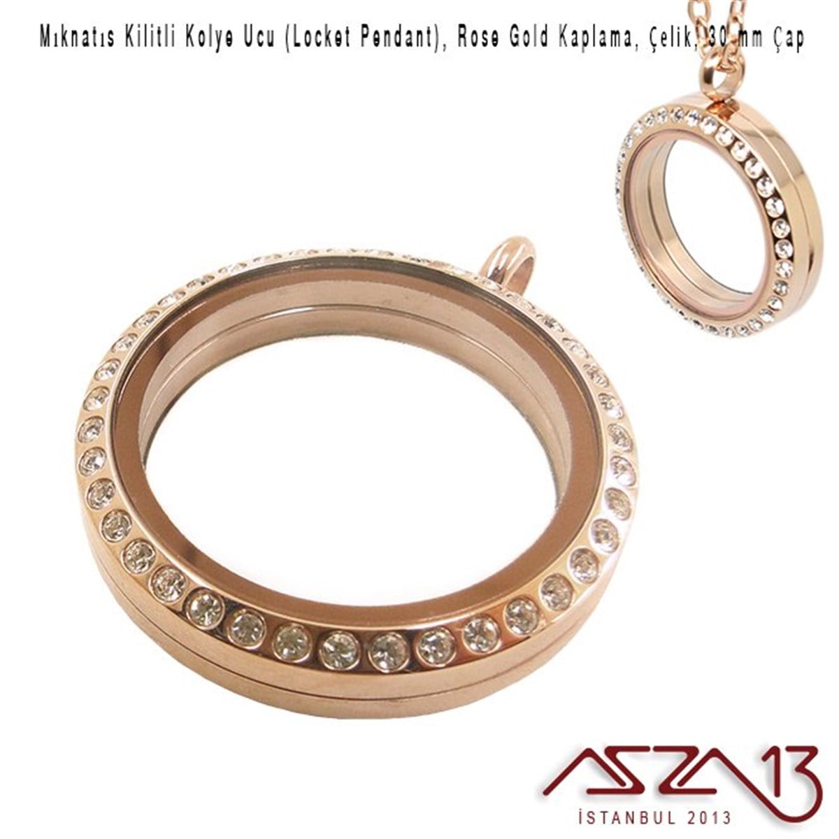 Kolye Ucu (Locket Pendant)TAKI MALZEMEMarkasız30 mm Rose Altın, Kristal Taşlı, Yuvarlak, Mıknatıs Kilitli Kolye Ucu (Locket Pendant)