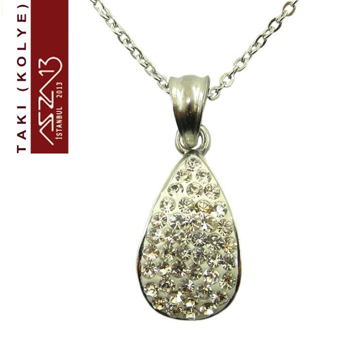 KolyeTAKIMarkasız316 L Çelik Kristal Taşlı Damla Kolye (Zincir Boyu 45 cm)