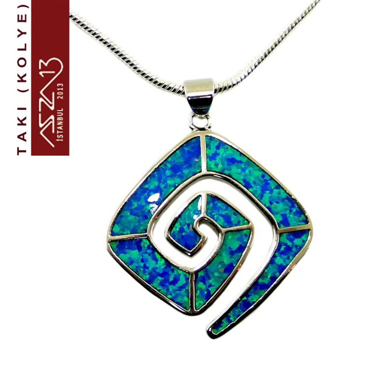 KolyeTAKIMarkasız925 K Gümüş ve Doğal Ateş Opali Kare Spiral Kolye (Zincir Boyu 50 cm)