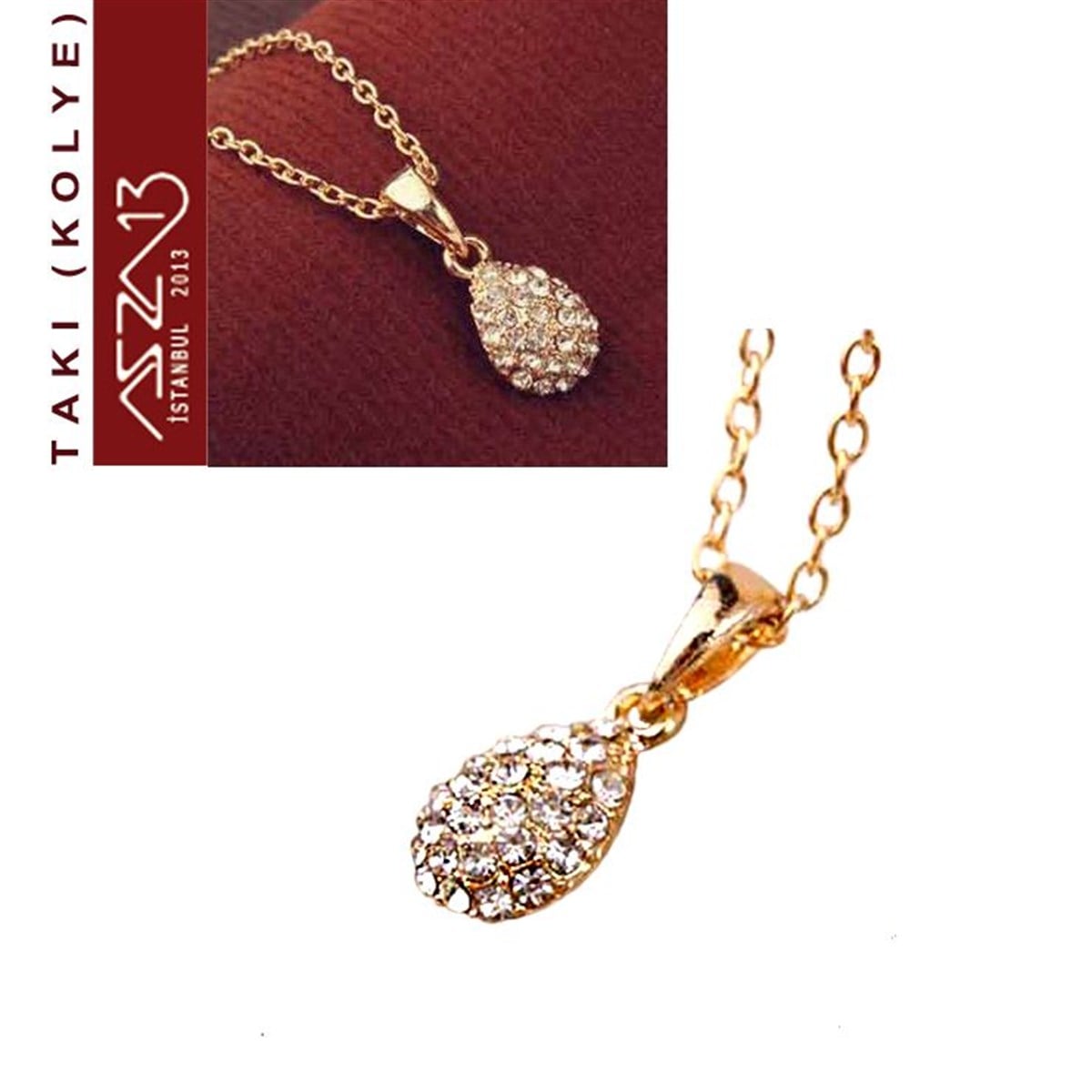 KolyeTAKIMarkasızAltın Kaplama Kristal Taşlı Damla Kolye (Zincir Boyu 45 cm)