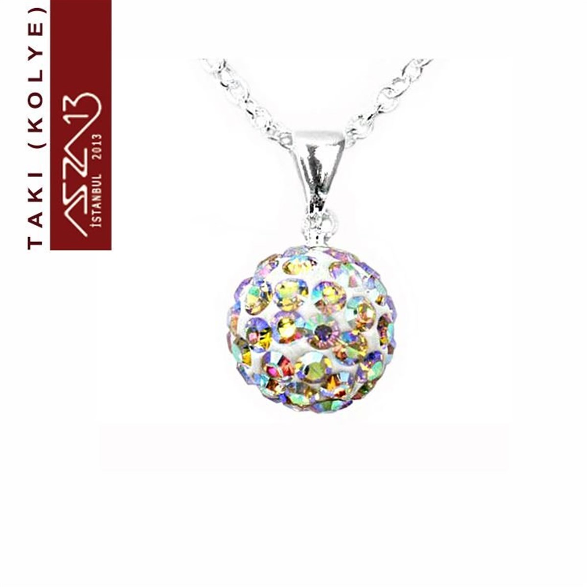 KolyeTAKIMarkasızEfektli Şeffaf Kristal 10 mm Şambala Top Kolye (Zincir Boyu 45 cm)