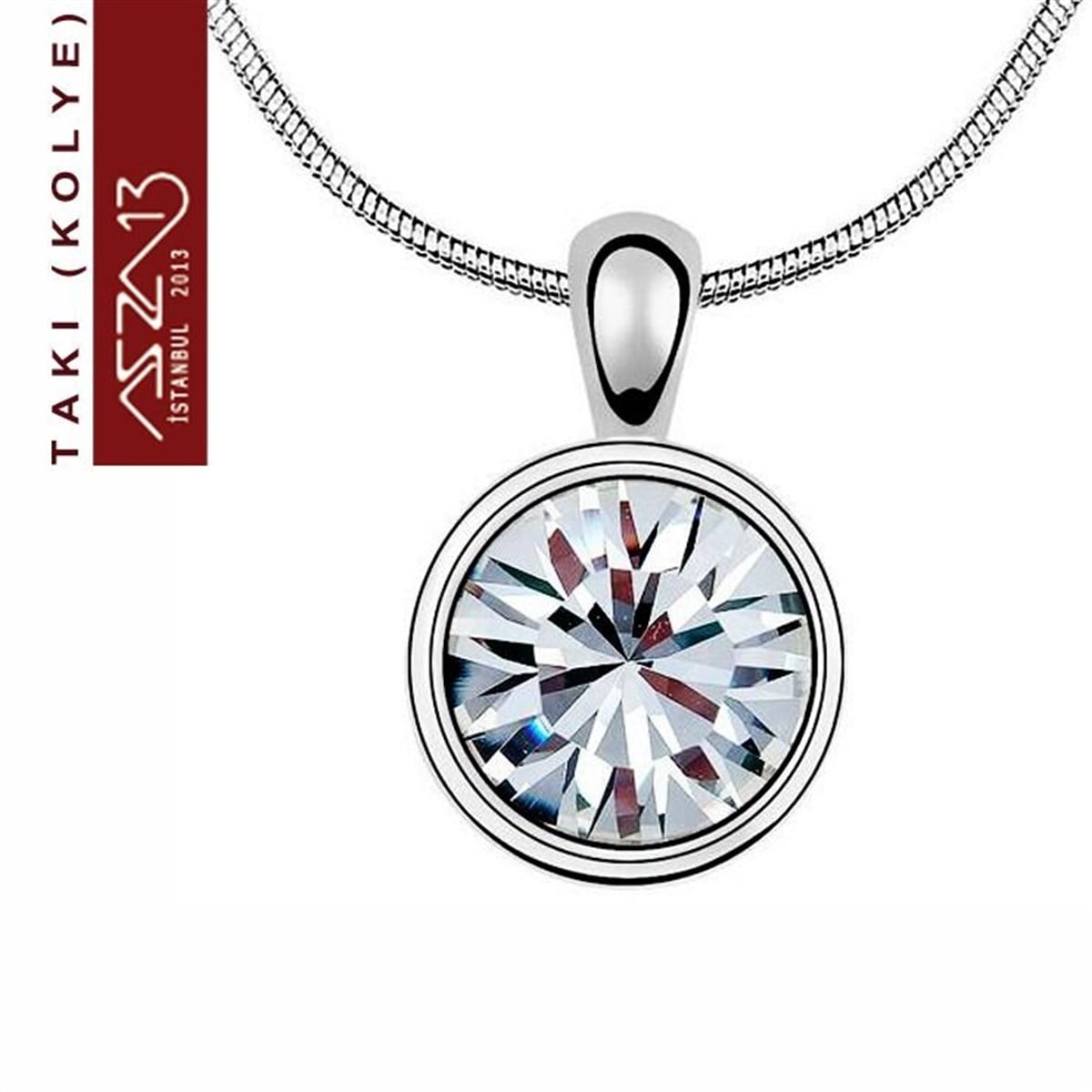 KolyeTAKIMarkasızPlatinyum Kaplama Swarovski Kristal 12 mm Tektaş Kolye (Zincir Boyu 45+5 cm)