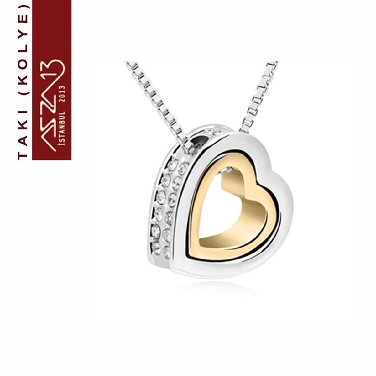 KolyeTAKIMarkasızPlatinyum ve Altın Kaplama Kristal Taşlı İkili Kalp Kolye (Zincir Boyu 40+5 cm)