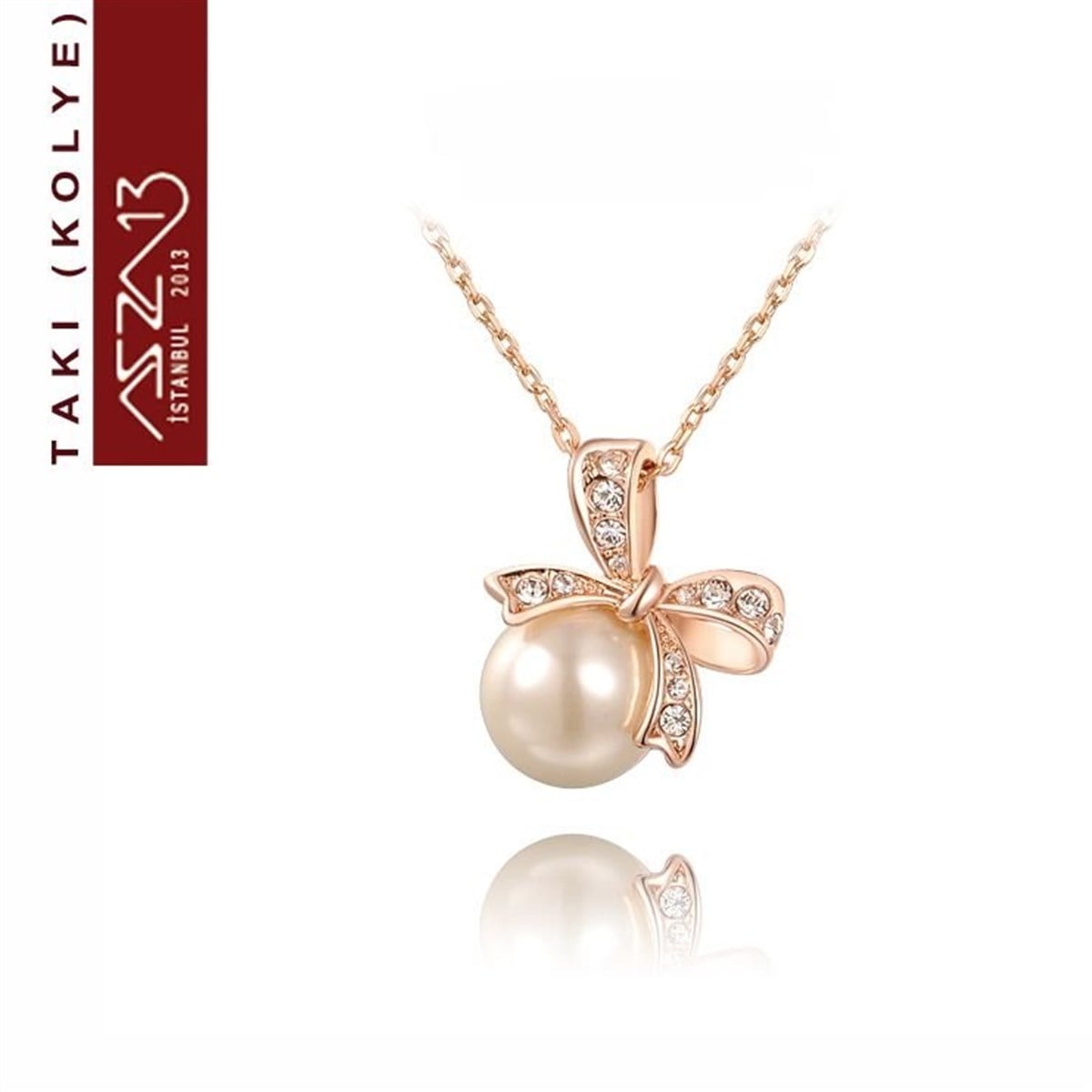 KolyeTAKIMarkasızRose Altın Kaplama Kristal Taşlı İnci Kolye (Zincir Boyu 45+5 cm)