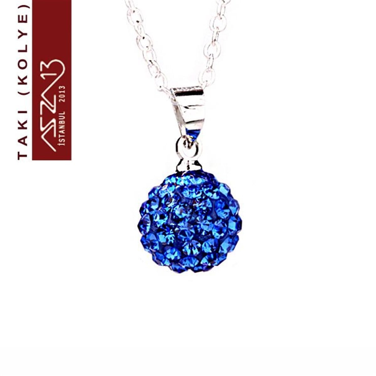 KolyeTAKIMarkasızSafir Kristal 10 mm Şambala Top Kolye (Zincir Boyu 45 cm)