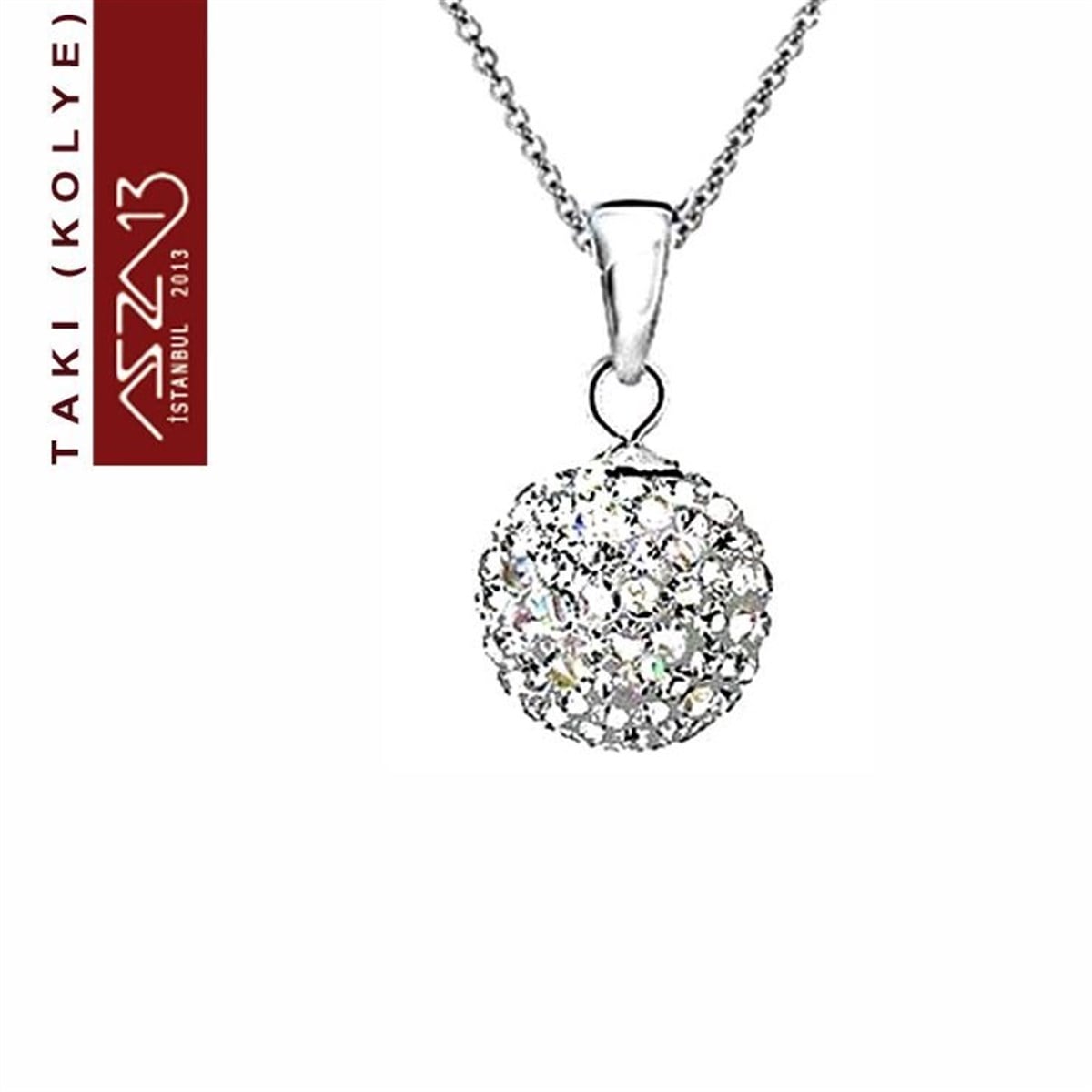 KolyeTAKIMarkasızŞeffaf Kristal 10 mm Şambala Top Kolye (Zincir Boyu 45 cm)