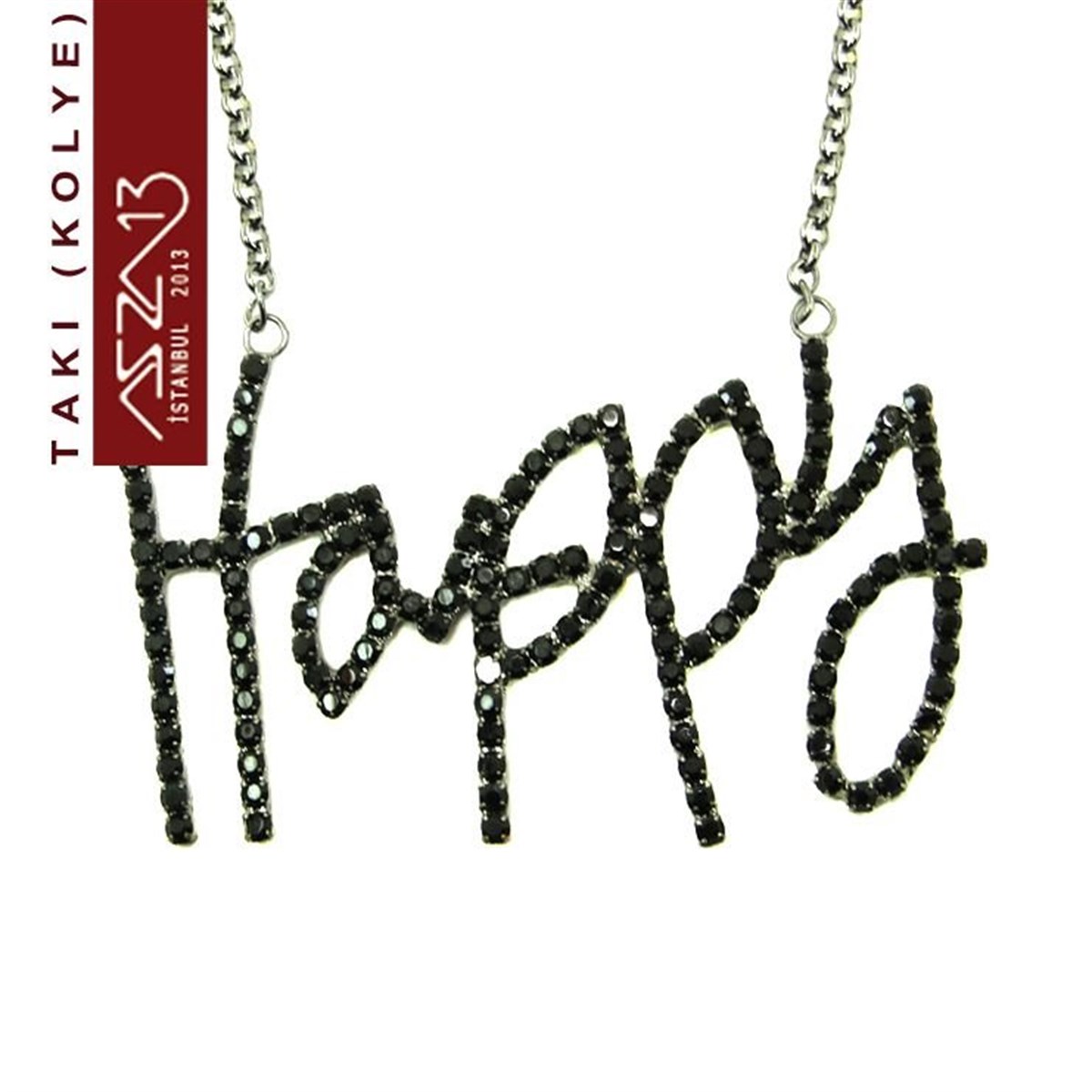 KolyeTAKIMarkasızSiyah Nikel Kaplama Siyah (Jet) Taşlı Happy Kolye (Zincir Boyu 45 cm) Düğün Kolyesi
