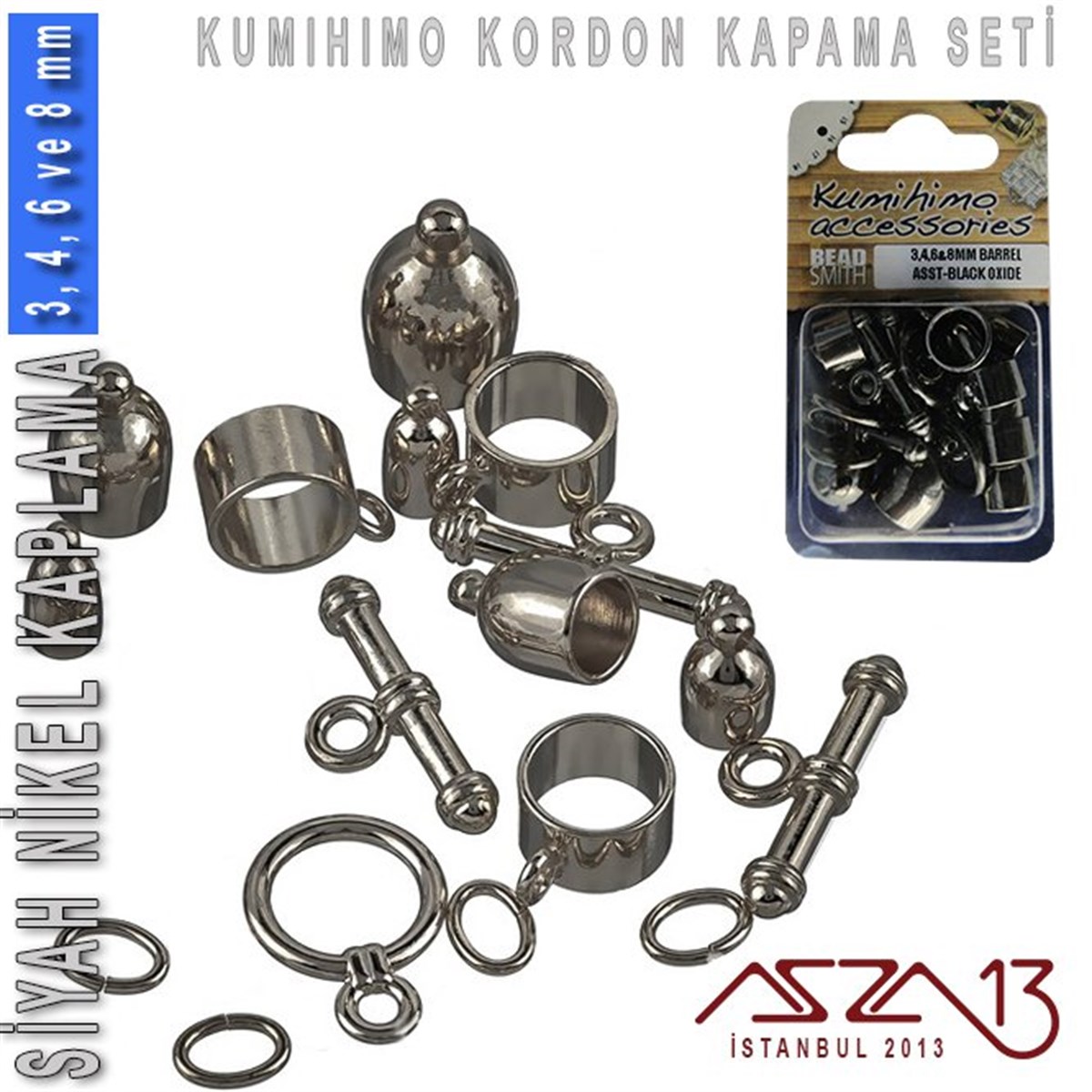 Kordon Sonu Kapsül ve Klips Kapama SetiTAKI MALZEMEBeadSmithSiyah Oksit Kaplamalı, 3,4,6 ve 8 mm Kapsül-Klips Kapama Seti