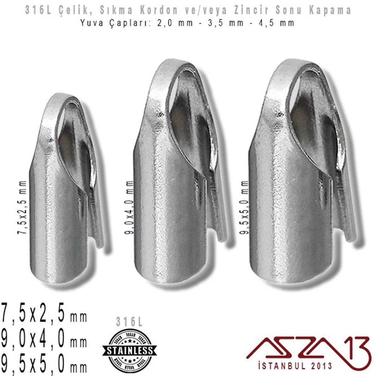 Kordon, Zincir Sonu Uç Kapama SetiTAKI MALZEMEMarkasız316L Çelik / Kordon, Zincir Sonu Kapama / 7,5x2,5 mm, 9,0x4,0 mm ve 9,5x5,0 mm