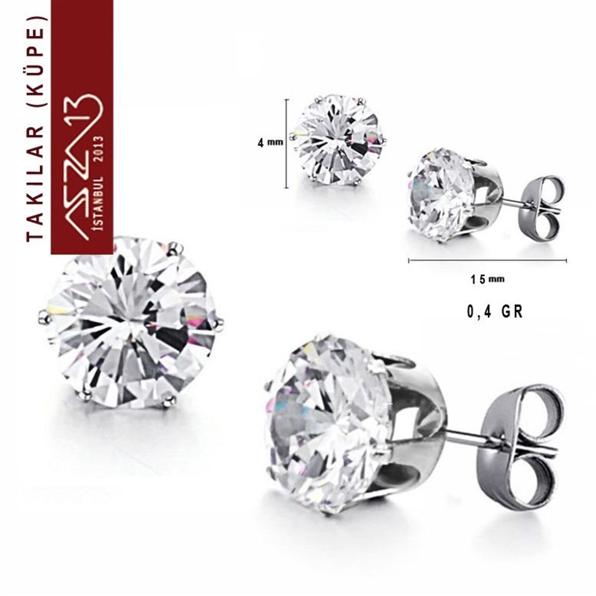 KüpeTAKIMarkasız316 L Kristal 4 mm Zirkon Taşlı Küpe