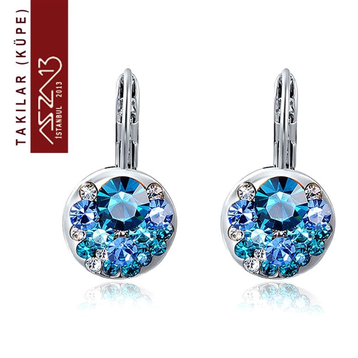 KüpeTAKIMarkasızAkuamarin Kristal Taşlı Platinyum Sallantı Küpe