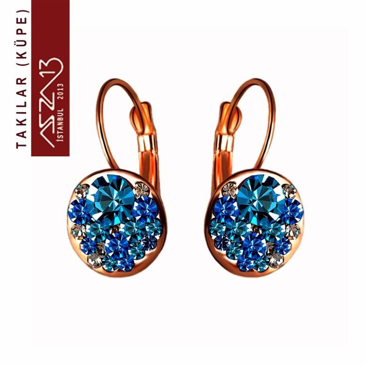 KüpeTAKIMarkasızAkuamarin Kristal Taşlı Rose Gold Sallantı Küpe