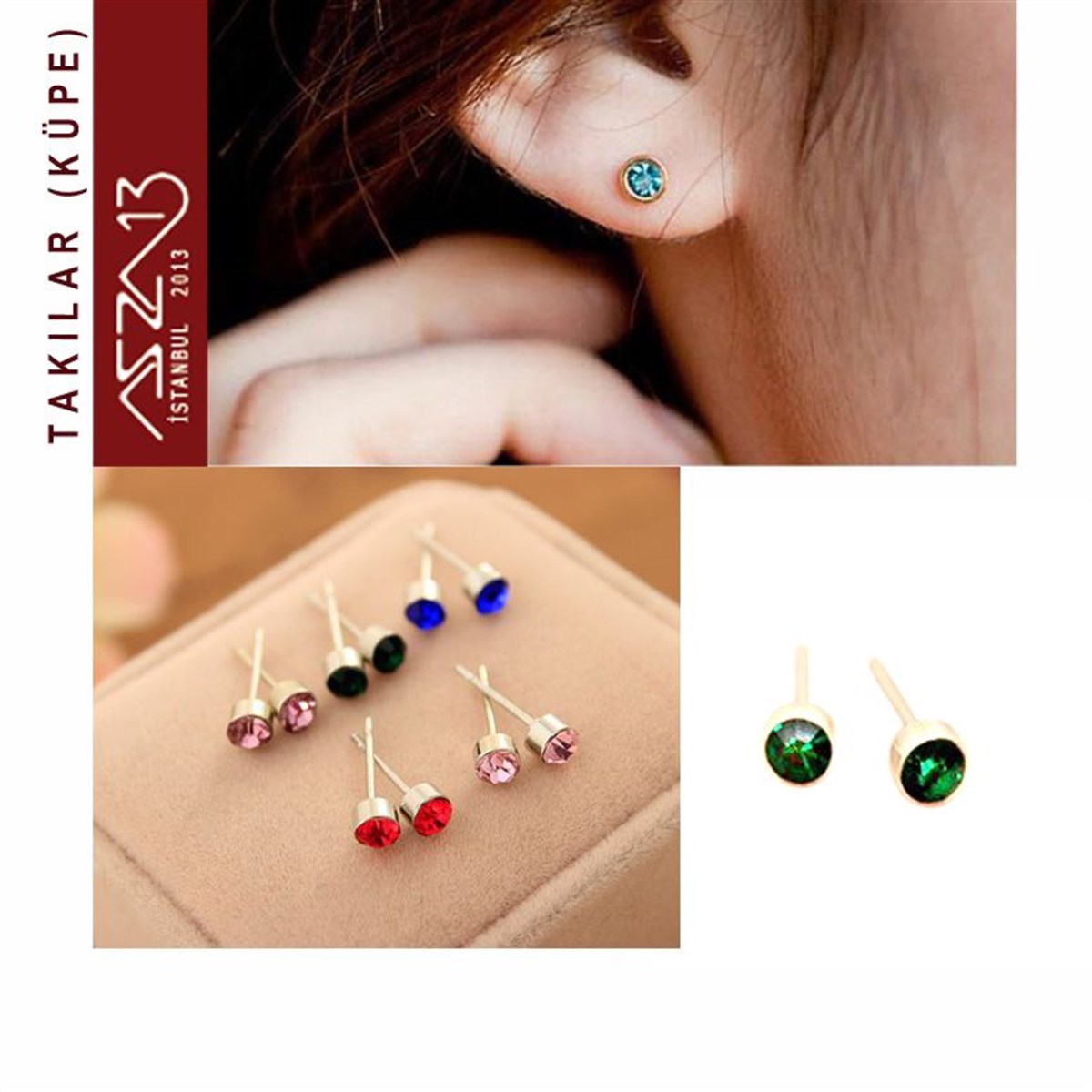 KüpeTAKIMarkasızKristal Emerald Taşlı Gümüş Kaplama 5,5 mm Küpe