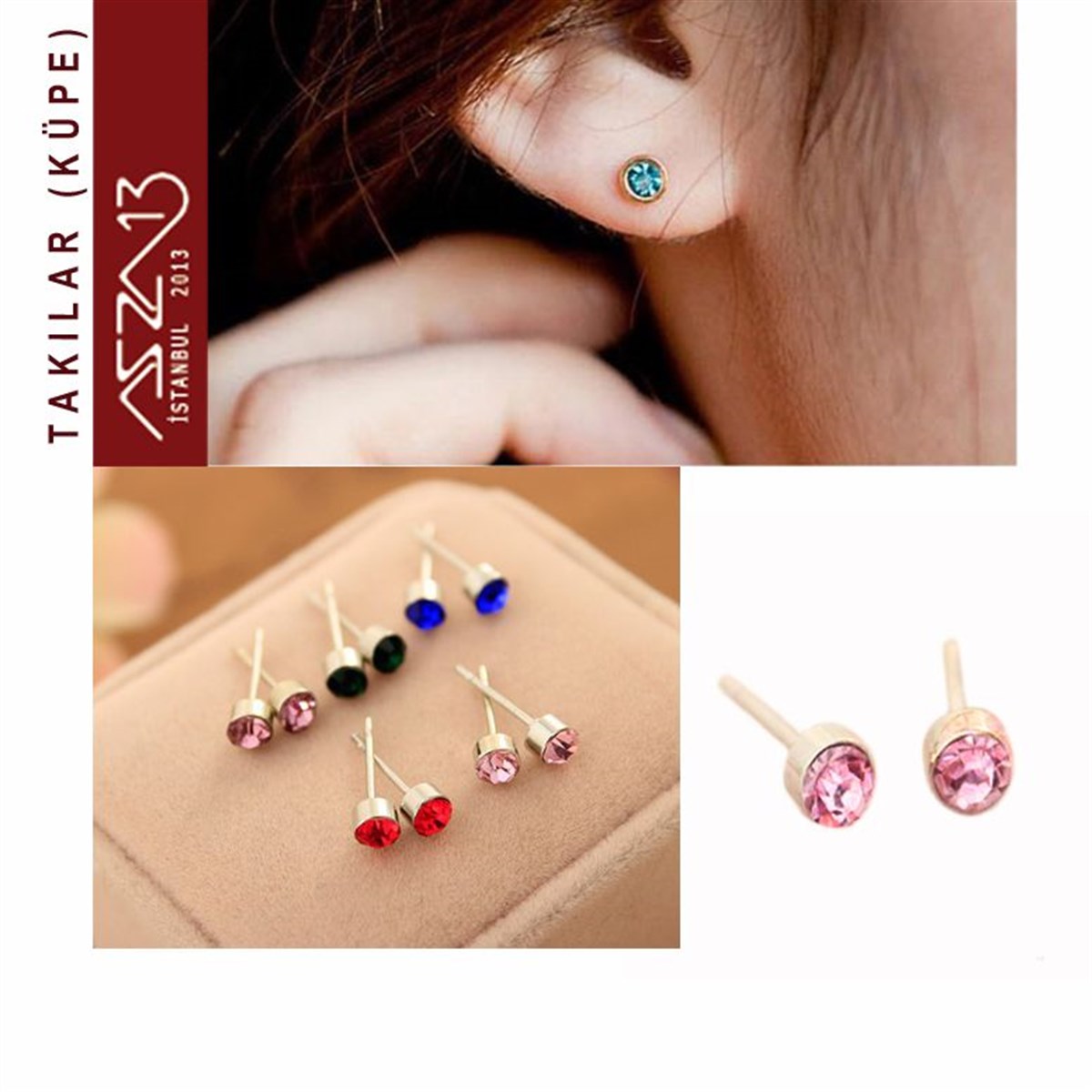KüpeTAKIMarkasızKristal Rose Taşlı Gümüş Kaplama 5,5 mm Küpe