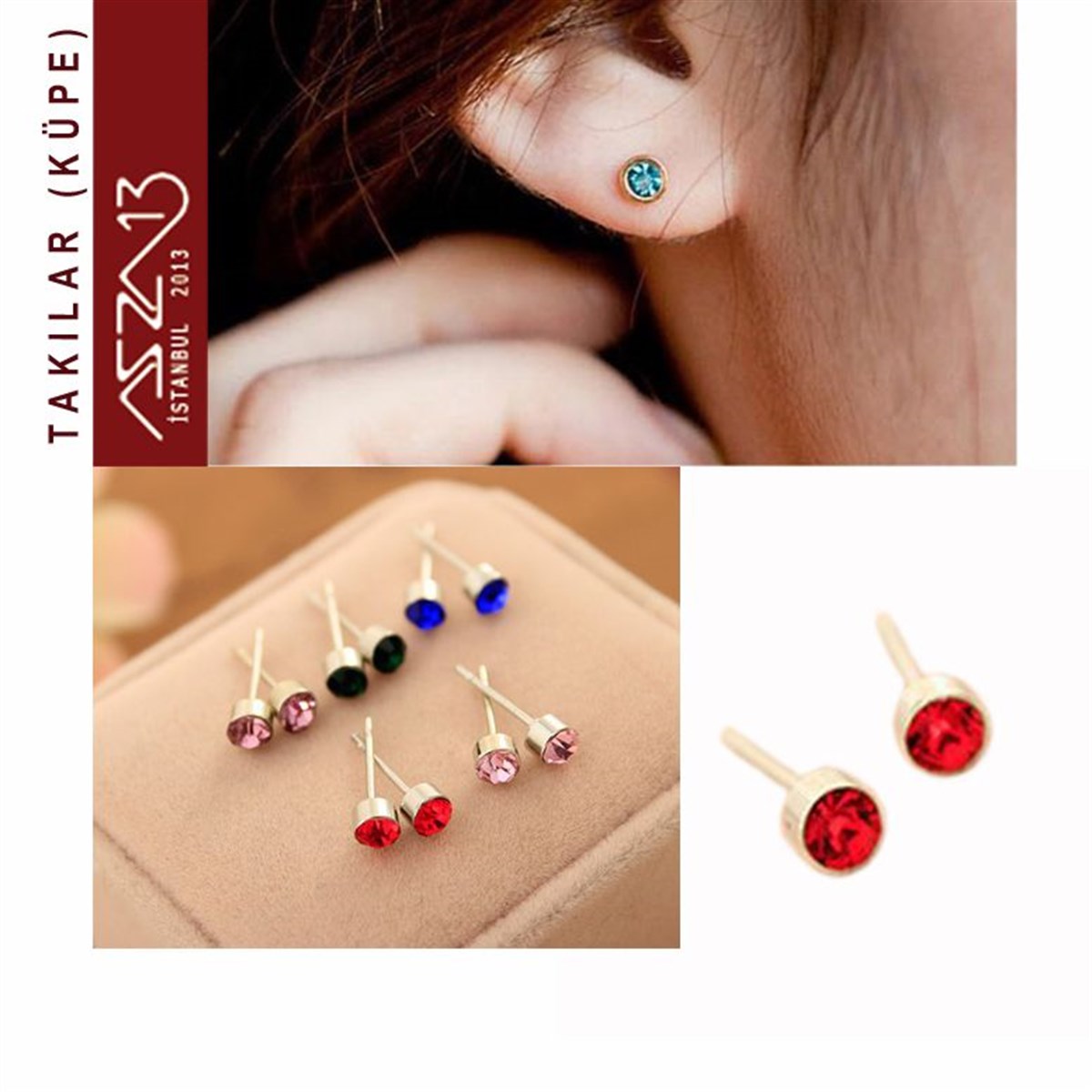 KüpeTAKIMarkasızKristal Siam Taşlı Gümüş Kaplama 5,5 mm Küpe