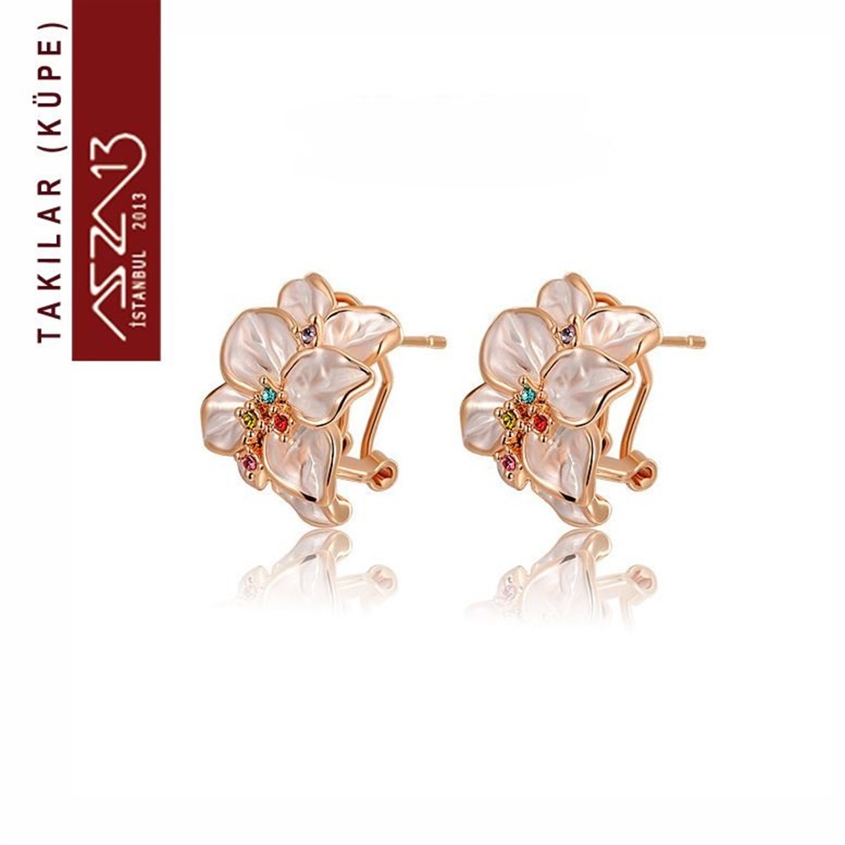 KüpeTAKIMarkasızRenkli Kristal Taşlı ve Mineli Rose Altın Kaplama Küpe