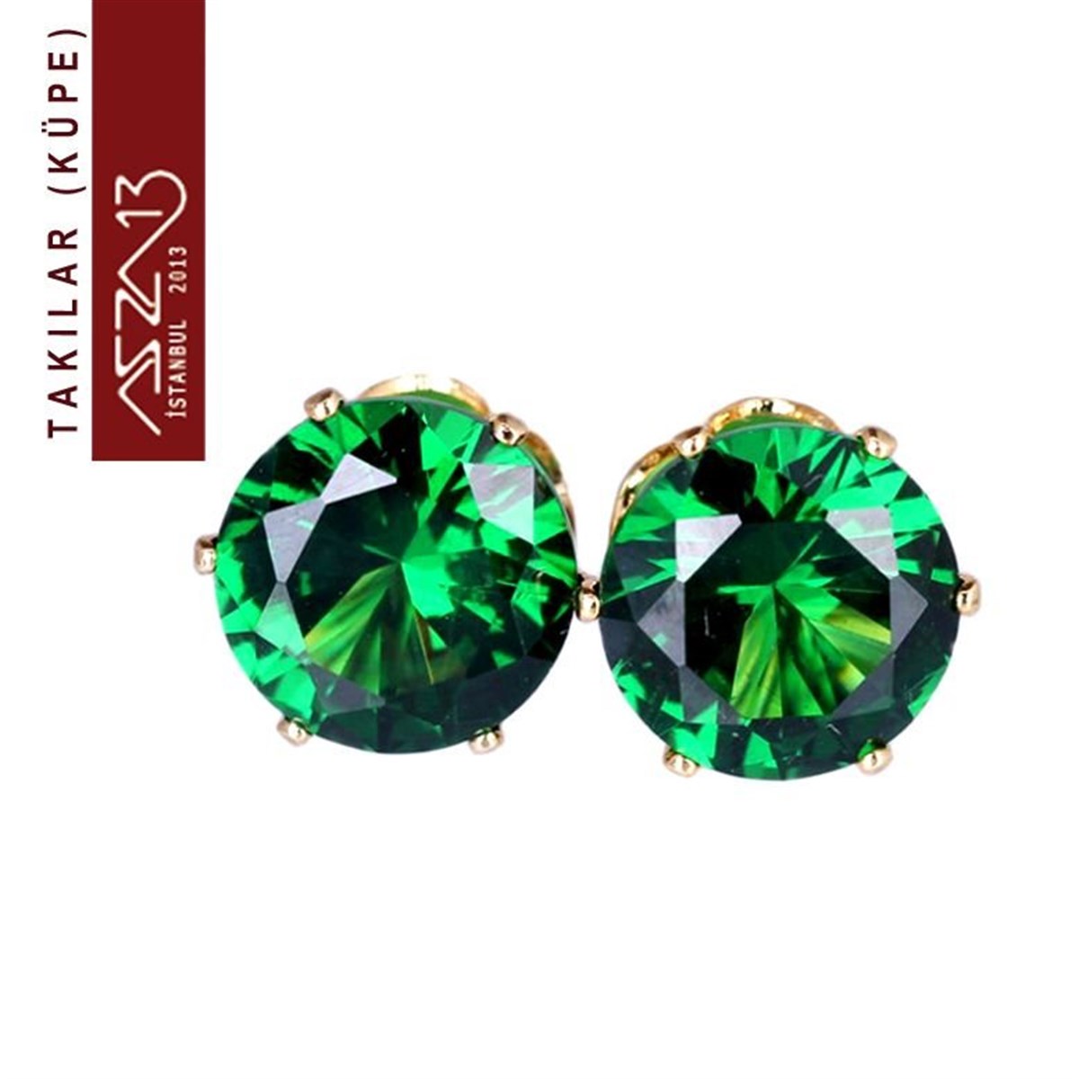 KüpeTAKIMarkasızYuvarlak Emerald Zirkon Taşlı Tırnaklı Altın Küpe