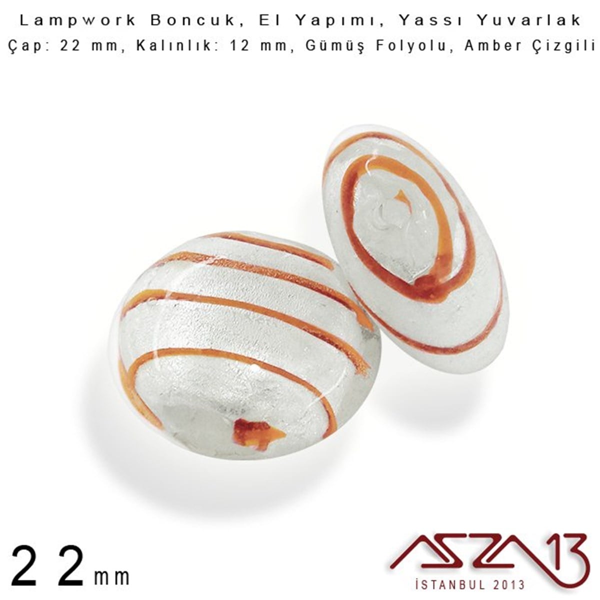 Lampwork BoncukBONCUK ve TAŞBeadSmithAmber, Yassı Yuvarlak, 22 mm Lampwork Boncuk / Paket İçeriği 3 Adet