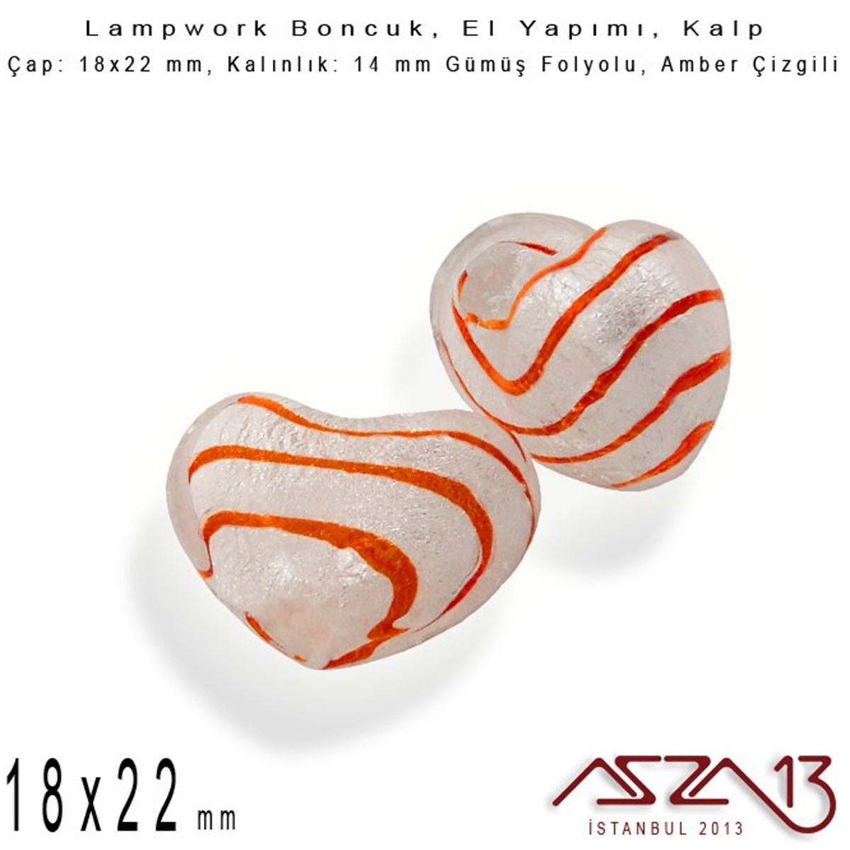 Lampwork BoncukBONCUK ve TAŞBeadSmithAmber, Kalp, 18x22 mm Lampwork Boncuk / Paket İçeriği 2 Adet