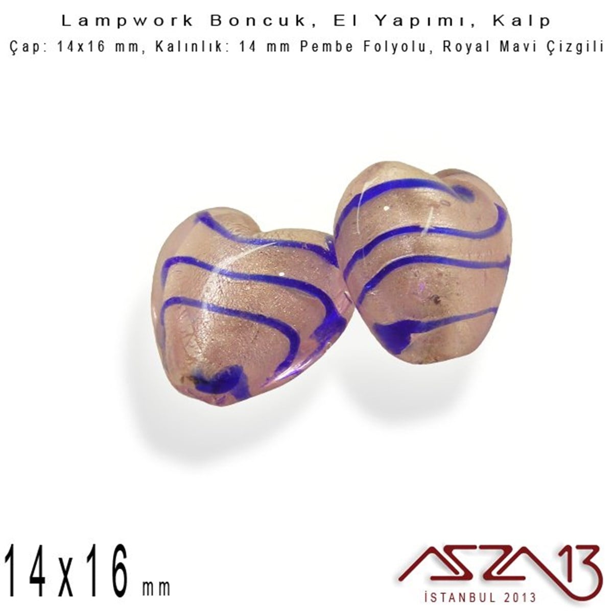 Lampwork BoncukBONCUK ve TAŞBeadSmithRoyal Mavi-Pembe, Kalp, 14x16 mm Lampwork Boncuk / Paket İçeriği 3 Adet