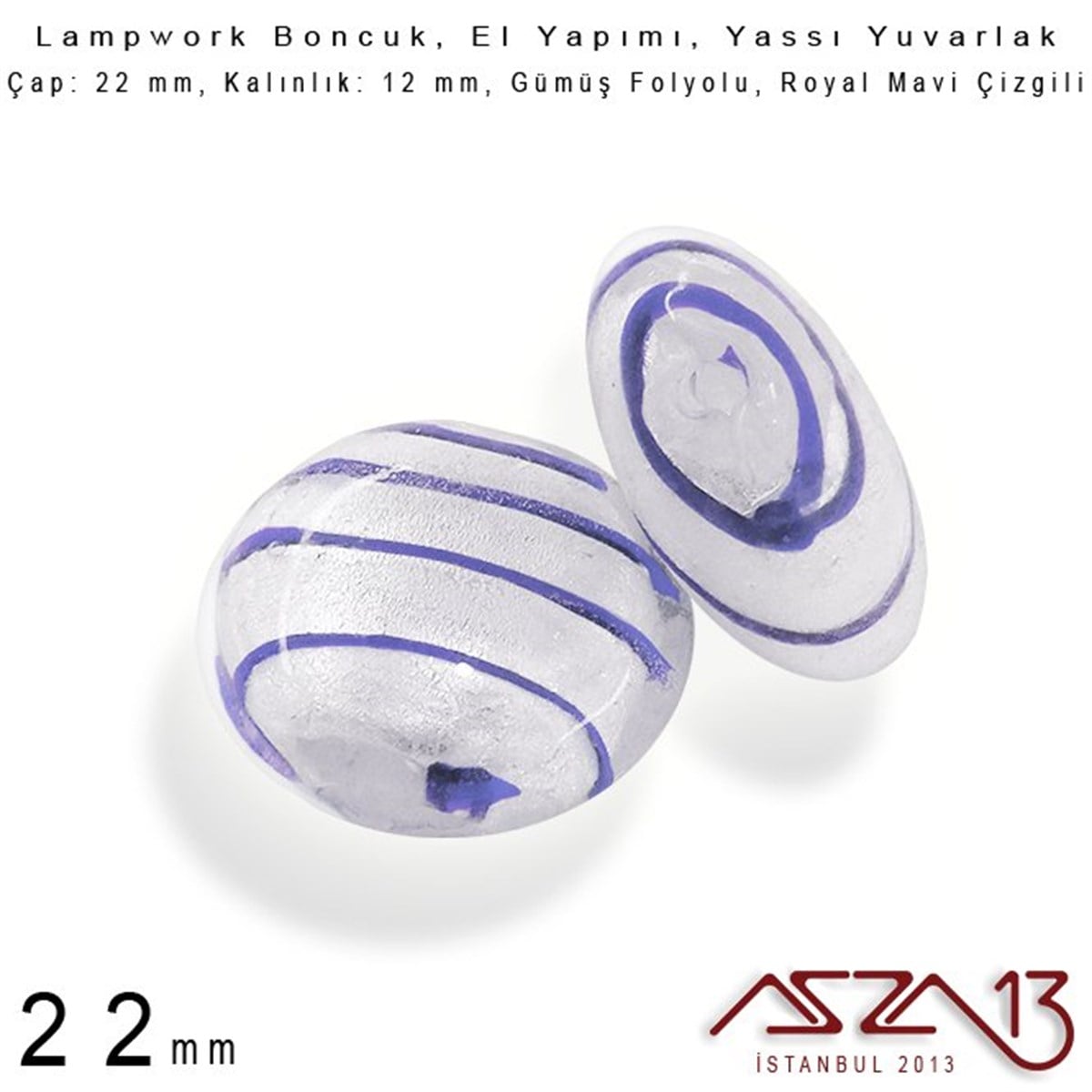 Lampwork BoncukBONCUK ve TAŞBeadSmithRoyal Mavi, Yassı Yuvarlak, 22 mm Lampwork Boncuk / Paket İçeriği 3 Adet
