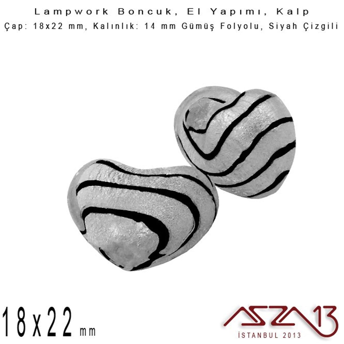Lampwork BoncukBONCUK ve TAŞBeadSmithSiyah, Kalp, 18x22 mm Lampwork Boncuk / Paket İçeriği 2 Adet