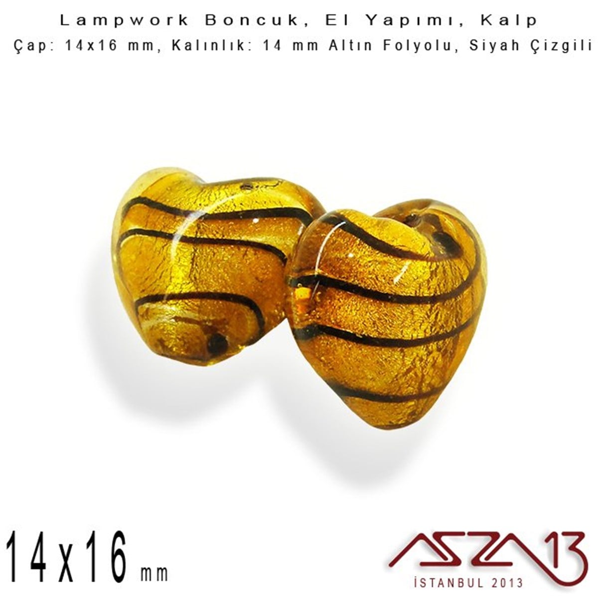 Lampwork BoncukBONCUK ve TAŞBeadSmithSiyah-Altın, Kalp, 14x16 mm Lampwork Boncuk / Paket İçeriği 3 Adet