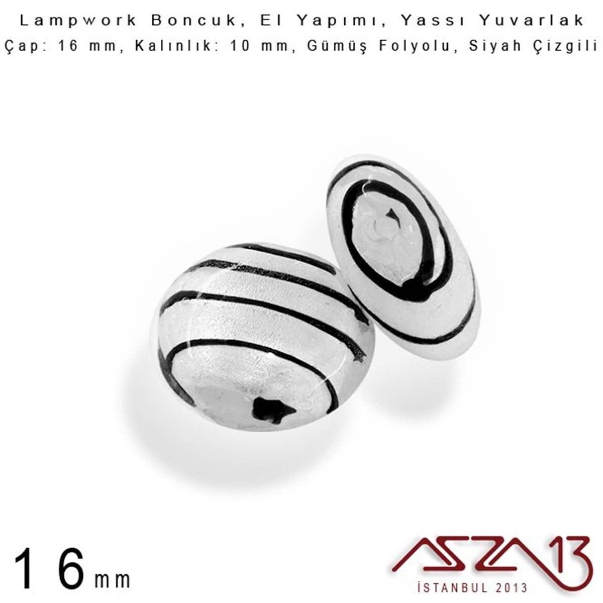 Lampwork BoncukBONCUK ve TAŞBeadSmithSiyah, Yassı Yuvarlak, 16 mm Lampwork Boncuk / Paket İçeriği 4 Adet