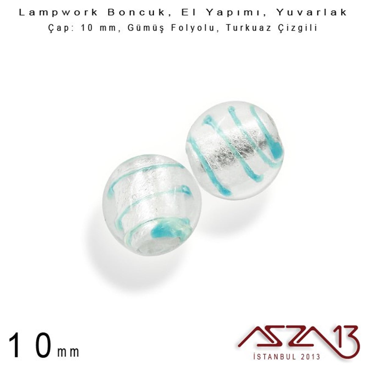Lampwork BoncukBONCUK ve TAŞBeadSmithTurkuaz, Yuvarlak, 10 mm Lampwork Boncuk / Paket İçeriği 4 Adet