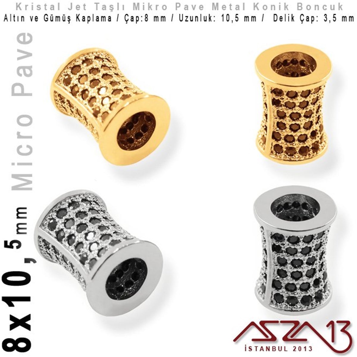 Micro Pave BoncuklarTAKI MALZEMEMarkasızAltın / Gümüş Kaplama, Jet Kristal Taşlı 10,5 mm Micro Pave Mekik Boncuk / Paket İçeriği 1 Adet