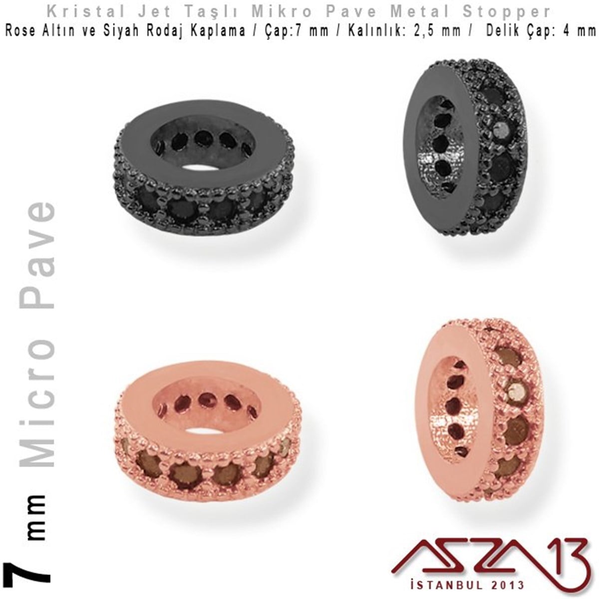 Micro Pave BoncuklarTAKI MALZEMEMarkasızRose Altın / Siyah Rodaj Kaplama, Jet Kristal Taşlı 7 mm Micro Pave Stopper / Paket İçeriği 1 Adet