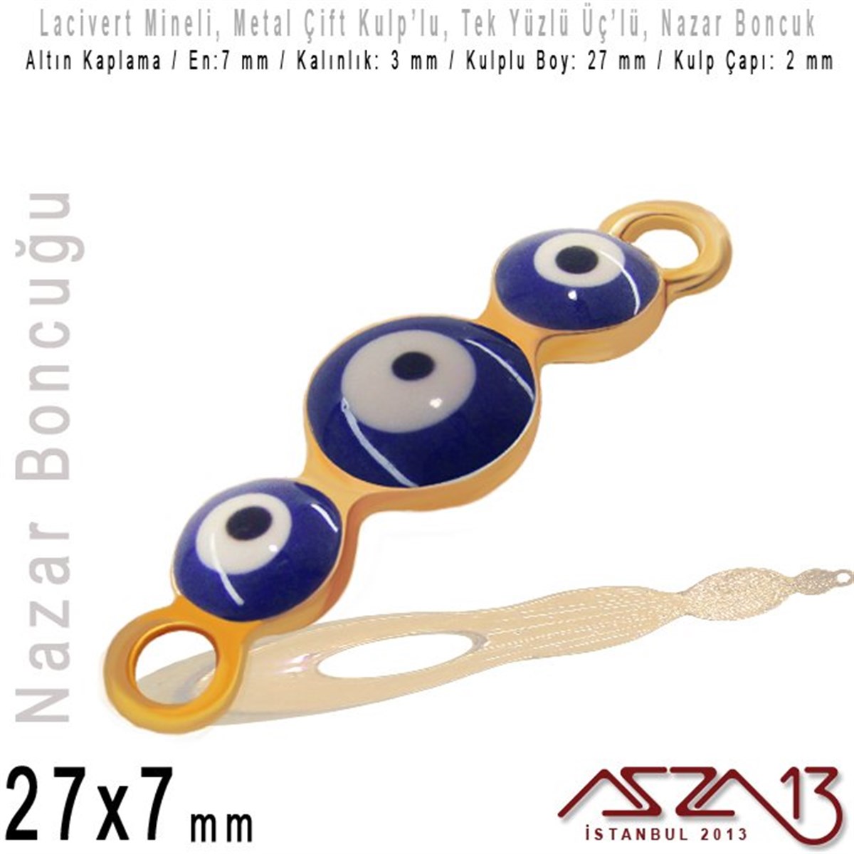 Nazar BoncuklarıTAKI MALZEMEMarkasızAltın Kaplamalı - Lacivert Mineli - Tek Yüzlü 27 mm - Çift Kulp'lu -Üç'lü Yuvarlak Bağlantı Malzeme / 1 Adet