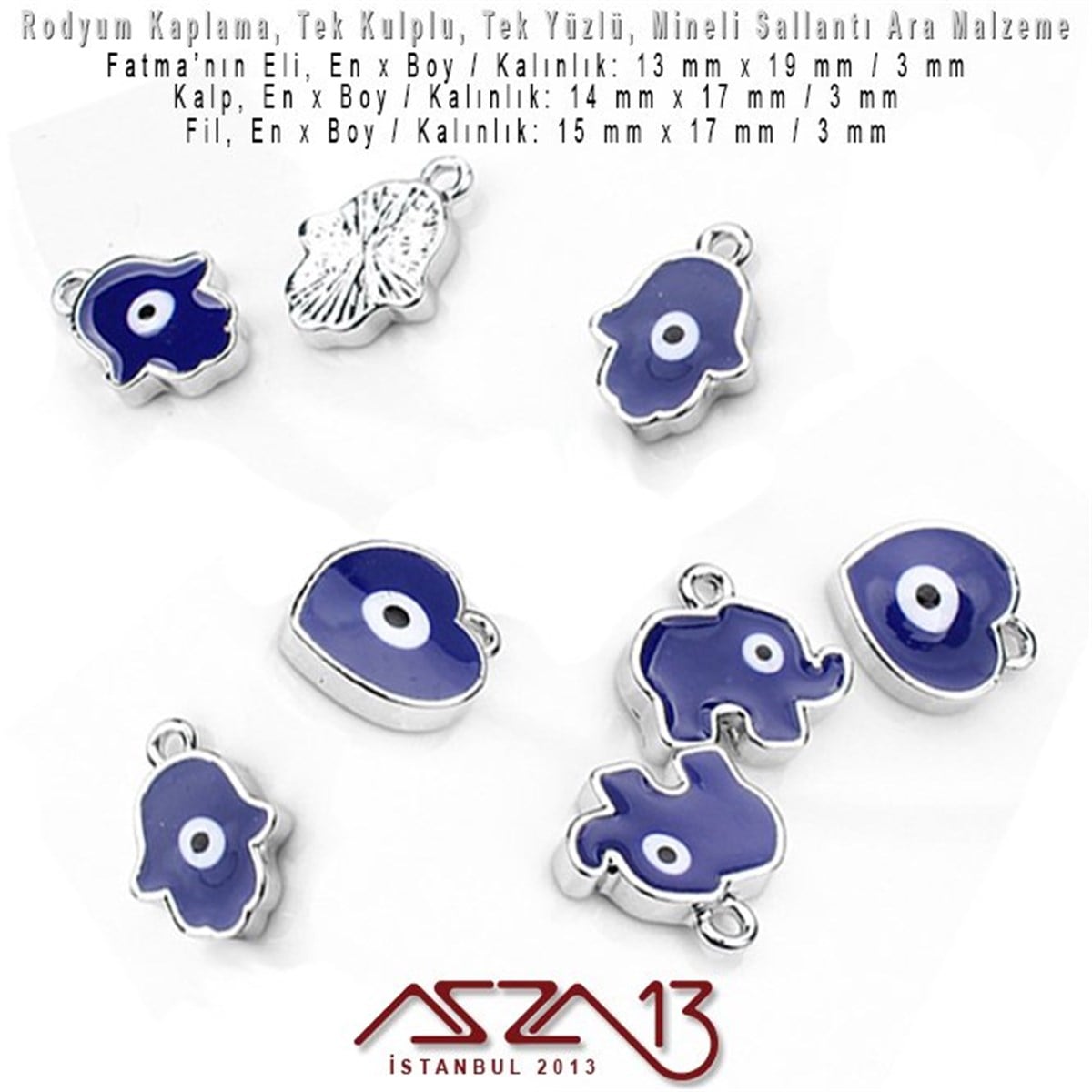 Nazar BoncuklarıTAKI MALZEMEMarkasızRodyum Kaplamalı - 15x19 mm - Lacivert Mineli - Tek Yüzlü  - Tek Kulp'lu - Fil, Fatma'nın Eli ve Kalp Sallantı Malzeme / 1 Adet