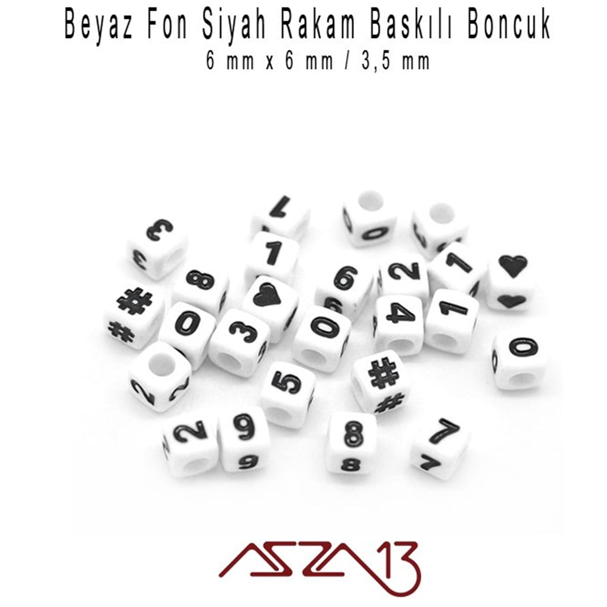 Plastik BoncukBONCUK ve TAŞMarkasız145 Adet 6 mm Beyaz Fon, Siyah Renk Rakamlı Küp Boncuk (25 Gr)