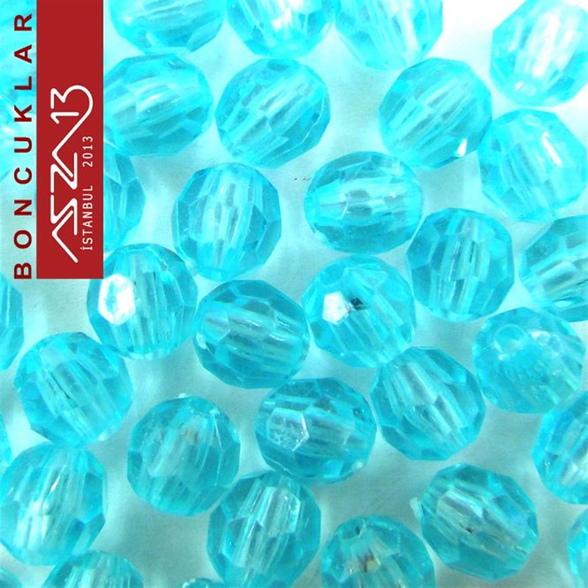 Plastik BoncukBONCUK ve TAŞMarkasızFasetli, 8 mm, Yuvarlak, Açık Mavi Boncuk / Paket İçeriği 65 Adet