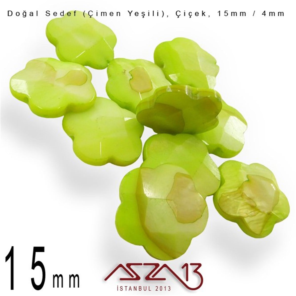 Sedef Taş ve BoncukBONCUK ve TAŞMarkasız15 mm Çimen Yeşili, Doğal Sedef Çiçek Boncuk / Paket İçeriği 10 Adet