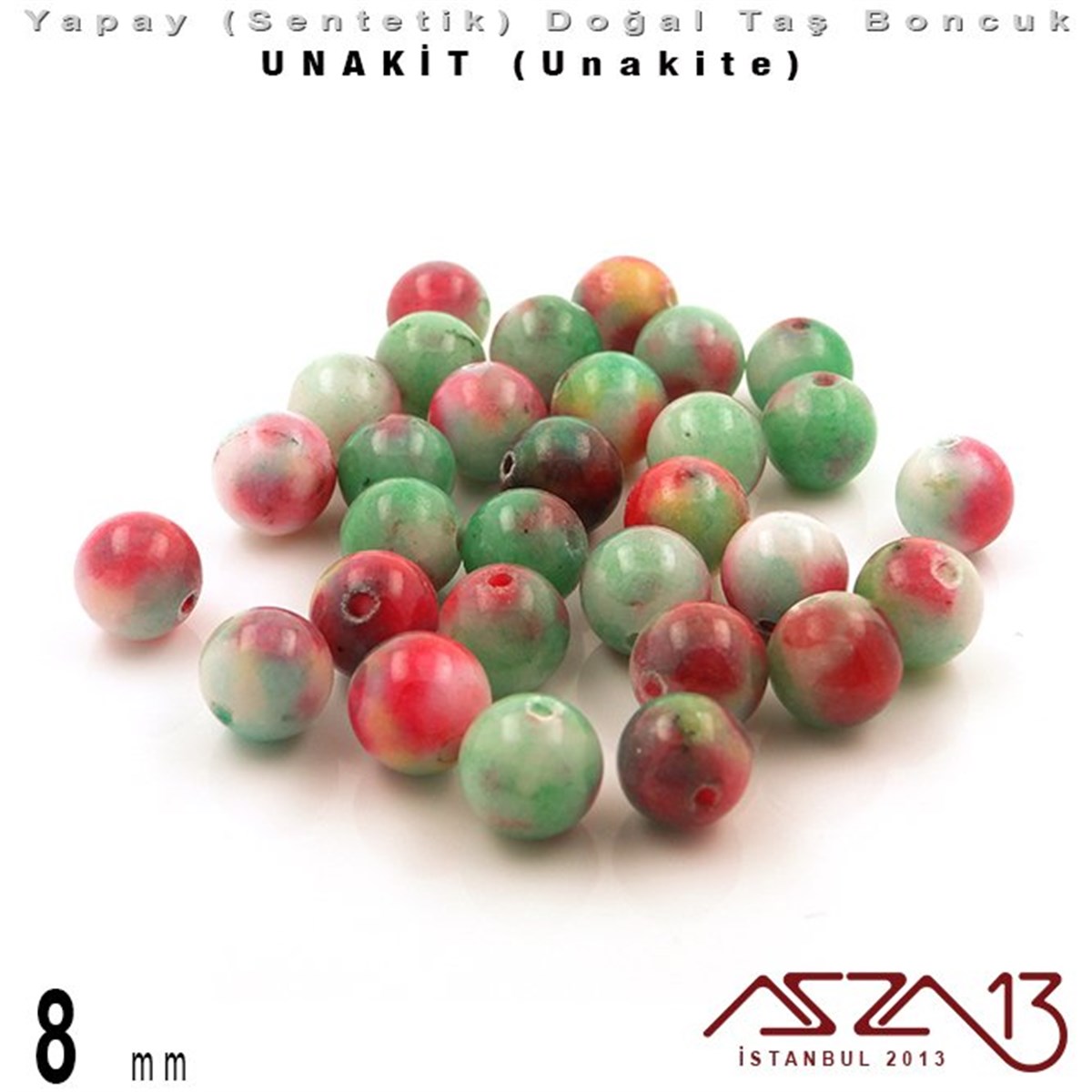 Sentetik Doğal Taş BoncuklarBONCUK ve TAŞMarkasız8 mm - Sentetik - Yuvarlak - Düz Yüzey - Unakit (Unakite) / 30 Adet