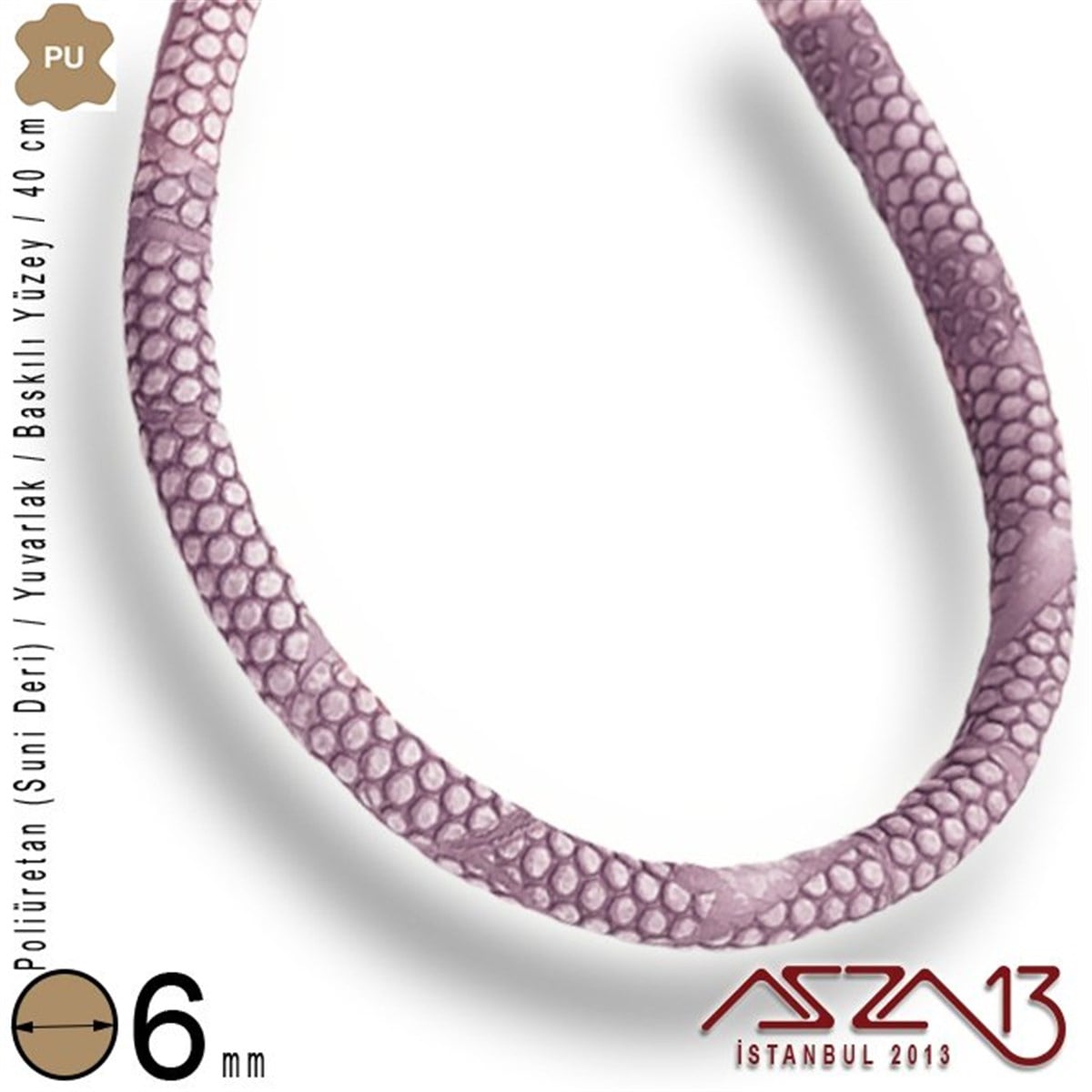 Suni Deri Kordon ve KayışlarTAKI MALZEMEMarkasızPU Deri - 6 mm - Açık Mor - Baskılı Yüzey - Yuvarlak Kesit - Kordon / 40 cm