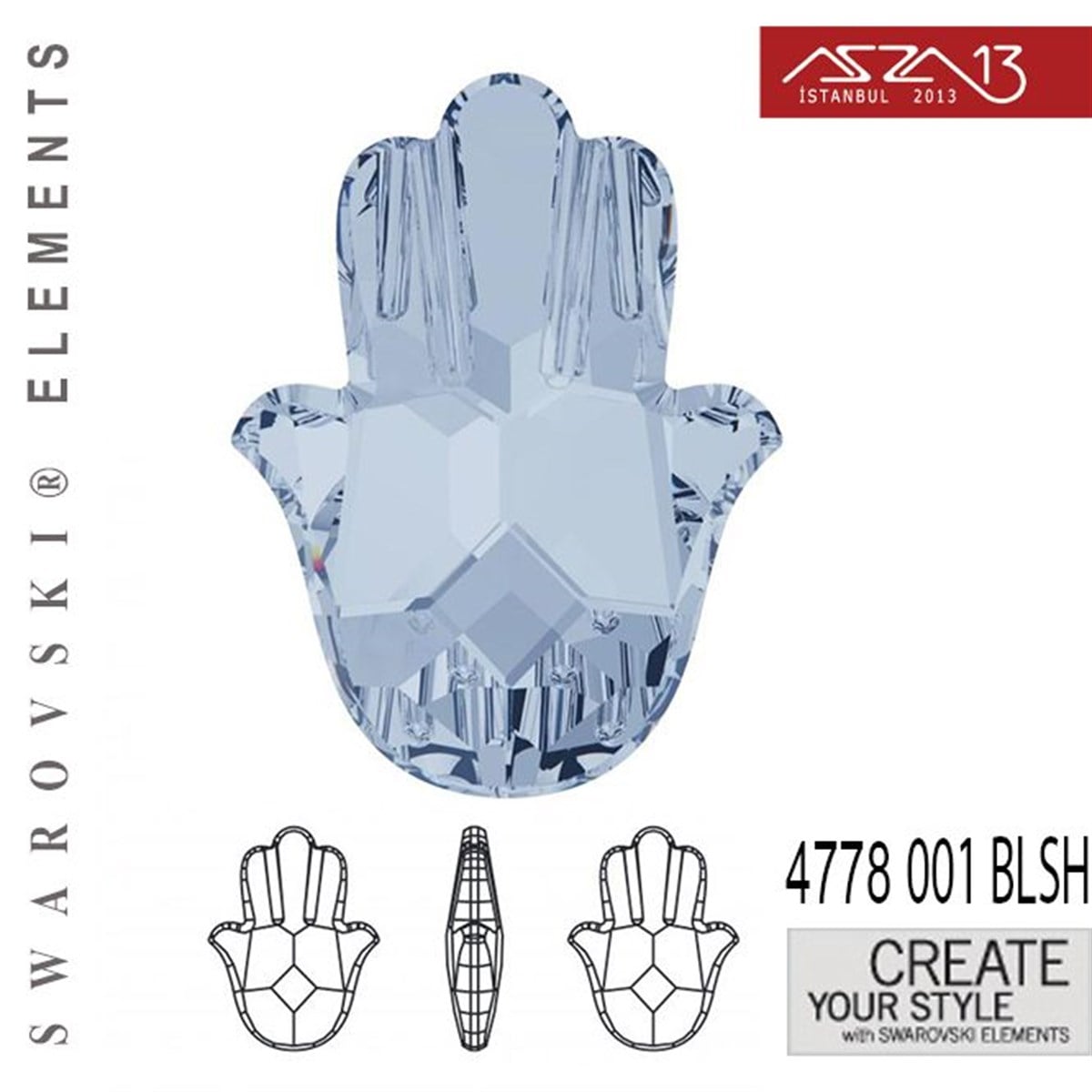 Swarovski Elements Fancy Stone, Kristal Özel TaşSWAROVSKI®  ELEMENTSSwarovski4778  001 BLSH (Crystal Blue Shade F) Fatima Hand Fancy Stone (Fatma'nın Eli) 18x13,7 mm / Paket İçeriği 1 Adet