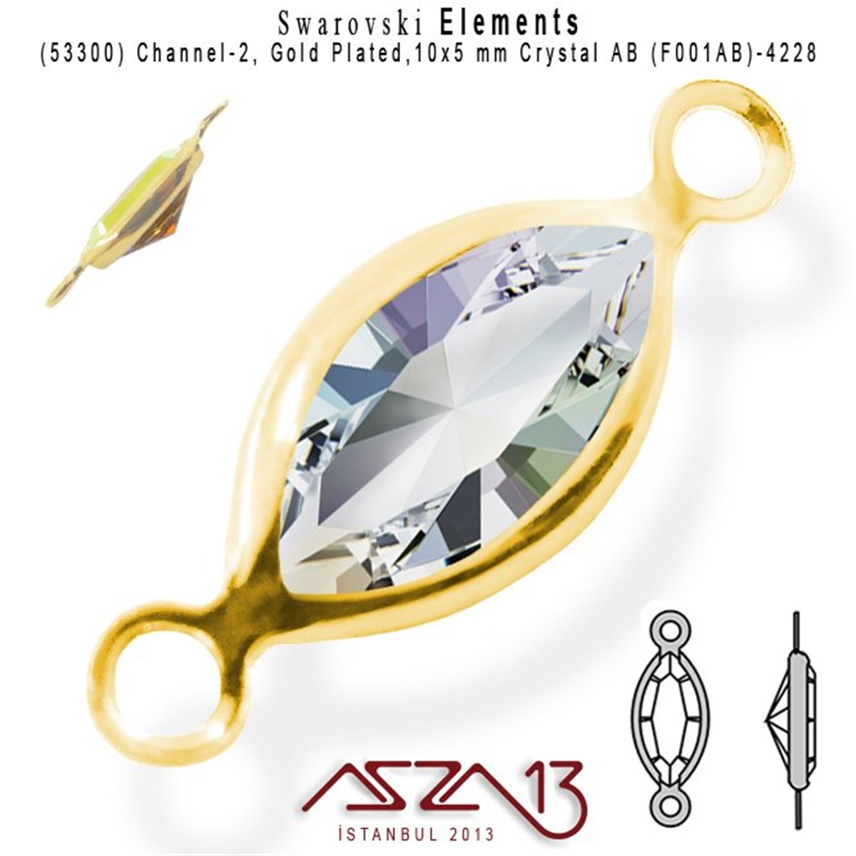 Swarovski Elements Findings, Kristal Ara MalzemelerSWAROVSKI®  ELEMENTSSwarovski53300 F001AB 4228 (AB Crystal) 10x5 mm Gold Plated Linked / 1 Adet