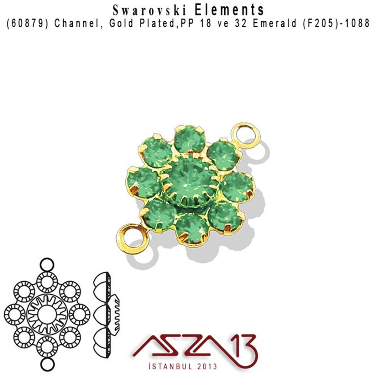 Swarovski Elements Findings, Kristal Ara MalzemelerSWAROVSKI®  ELEMENTSSwarovski60879 F205 1088 (Emerald) PP 18 ve 32 Gold Plated Linked / 1 Adet
