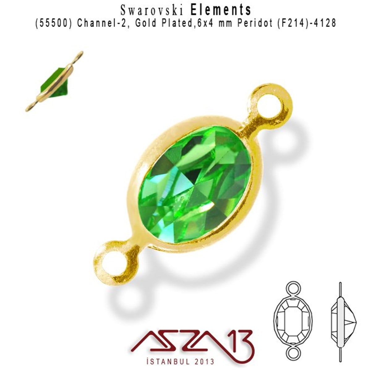 Swarovski Elements Findings, Kristal Ara MalzemelerSWAROVSKI®  ELEMENTSSwarovski55500 F214 4128 (Peridot) 6 x 4 mm Gold Plated Linked / 1 Adet