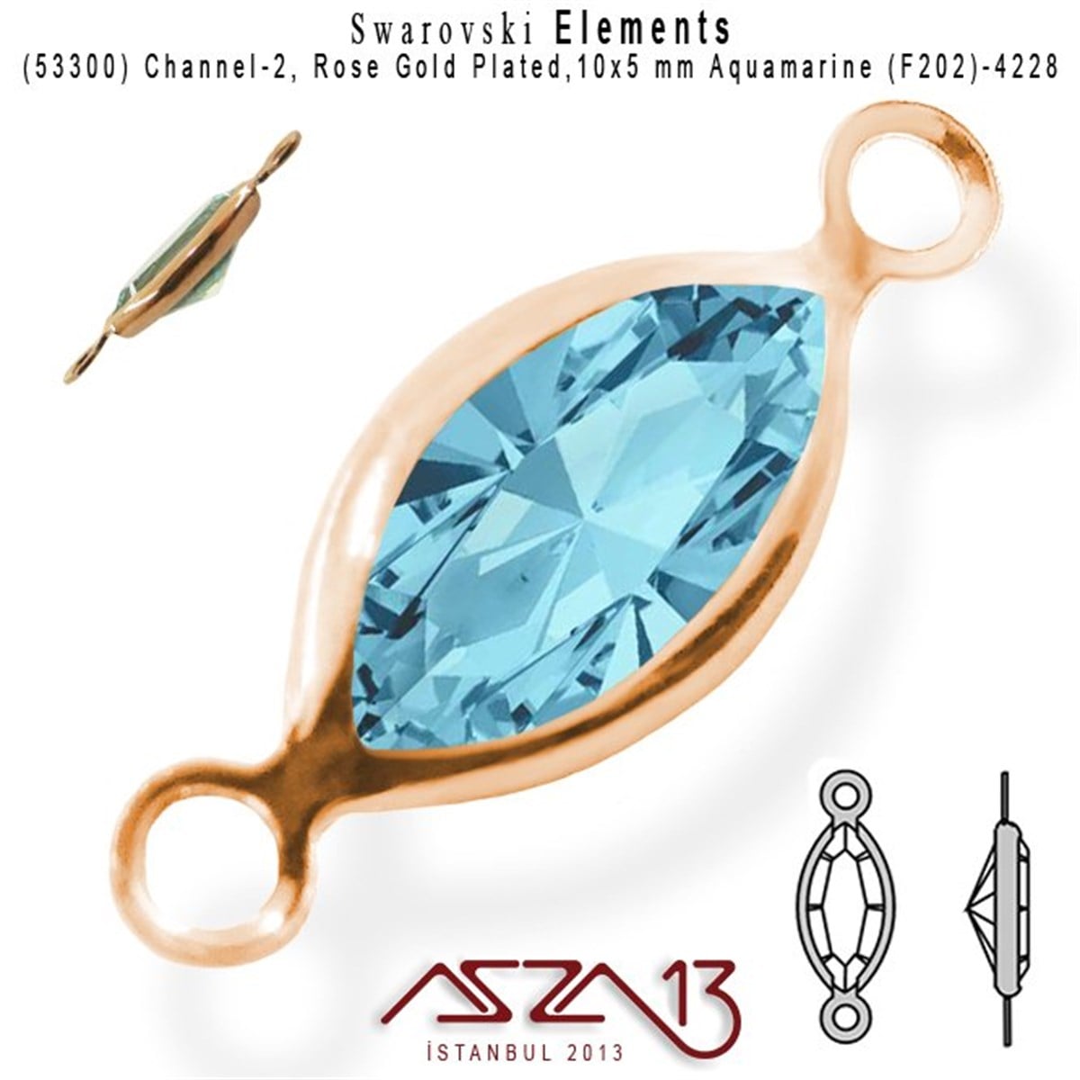 Swarovski Elements Findings, Kristal Ara MalzemelerSWAROVSKI®  ELEMENTSSwarovski53300 F202 4228 (Aquamarine) 10x5 mm Rose Gold Plated Linked / 1 Adet