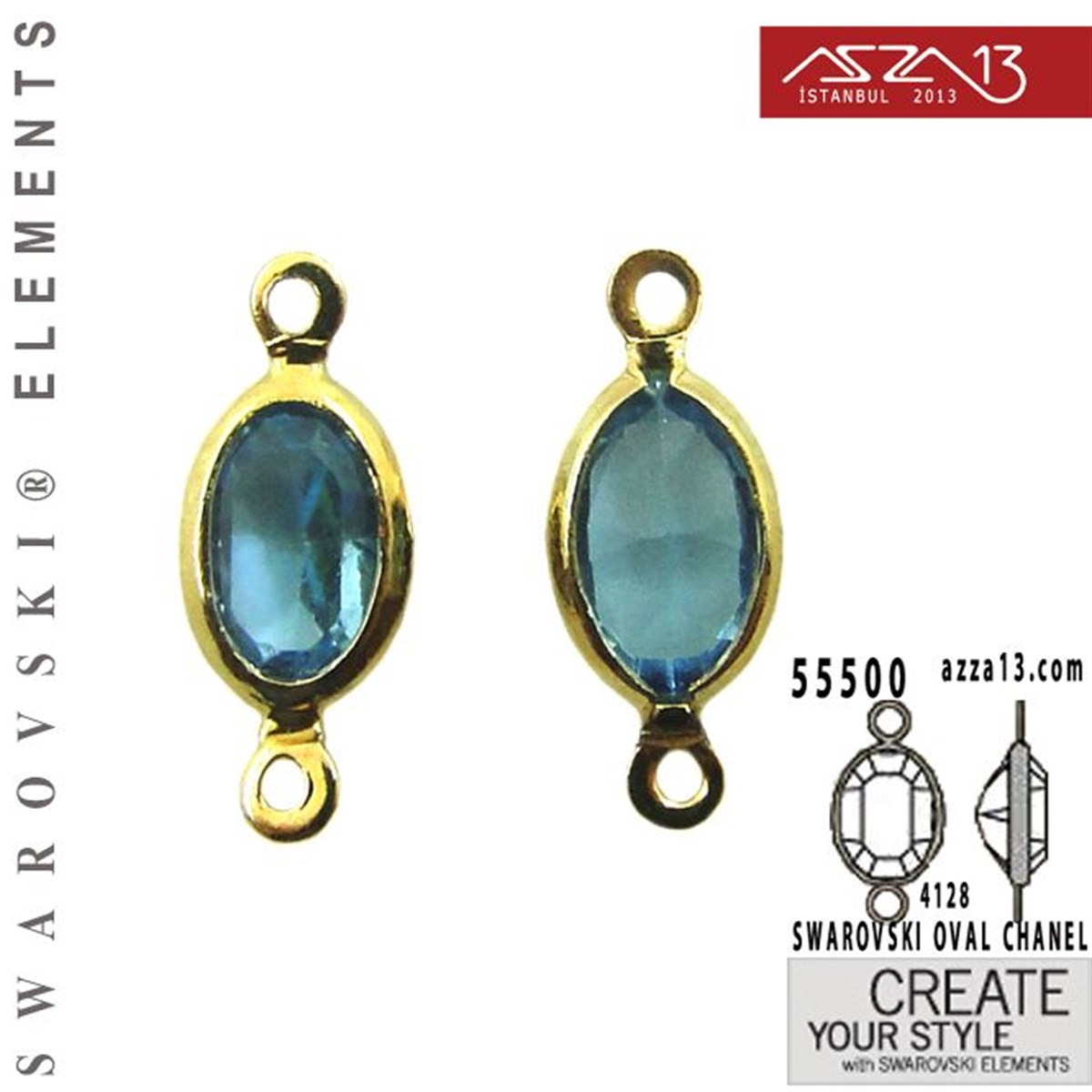 Swarovski Elements Findings, Kristal Ara MalzemelerSWAROVSKI®  ELEMENTSSwarovski55500 F202 4128 (Aquamarine) 6 x 4 mm Gold Plated Linked / 1 Adet