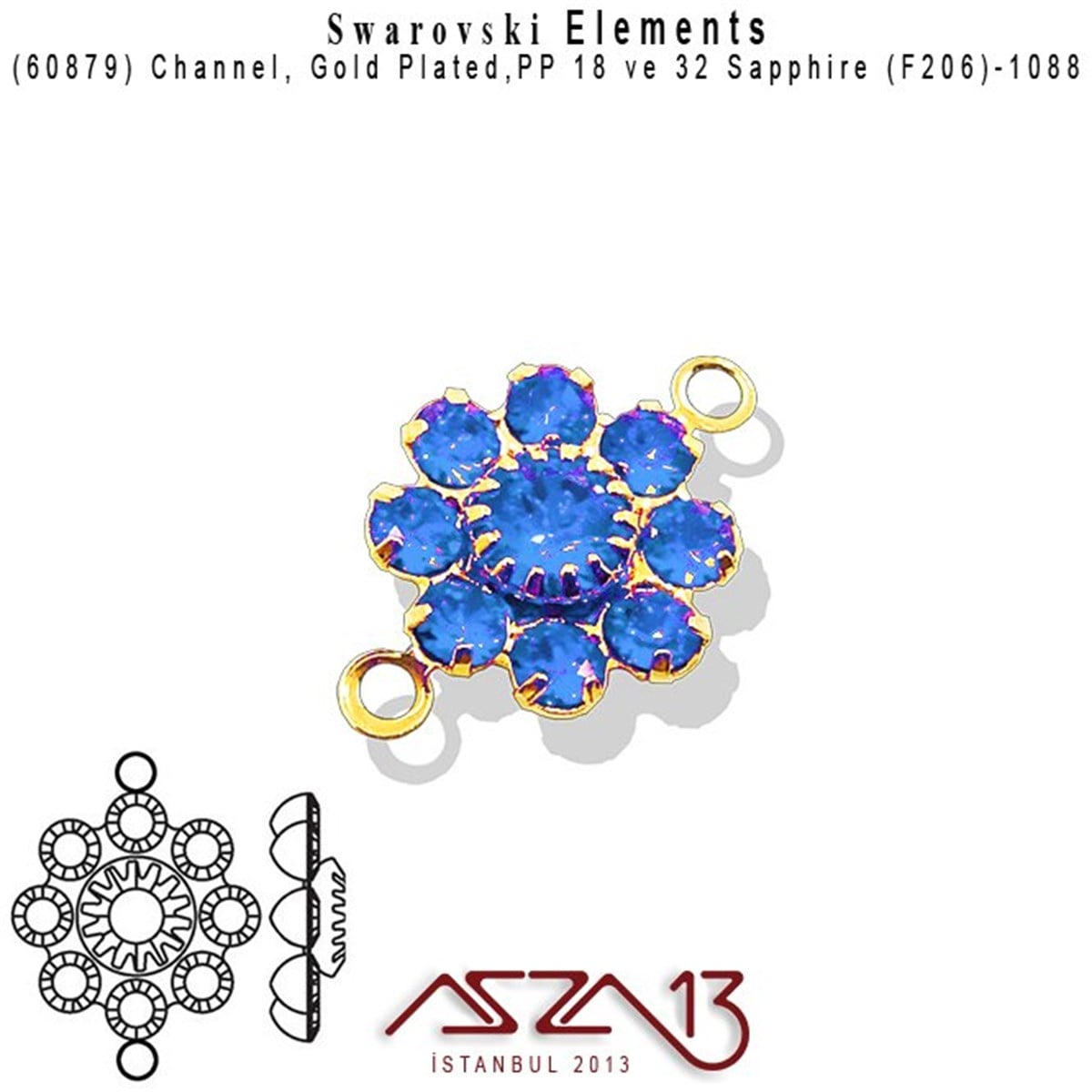 Swarovski Elements Findings, Kristal Ara MalzemelerSWAROVSKI®  ELEMENTSSwarovski60879 F206 1088 (Sapphire) PP 18 ve 32 Gold Plated Linked / 1 Adet
