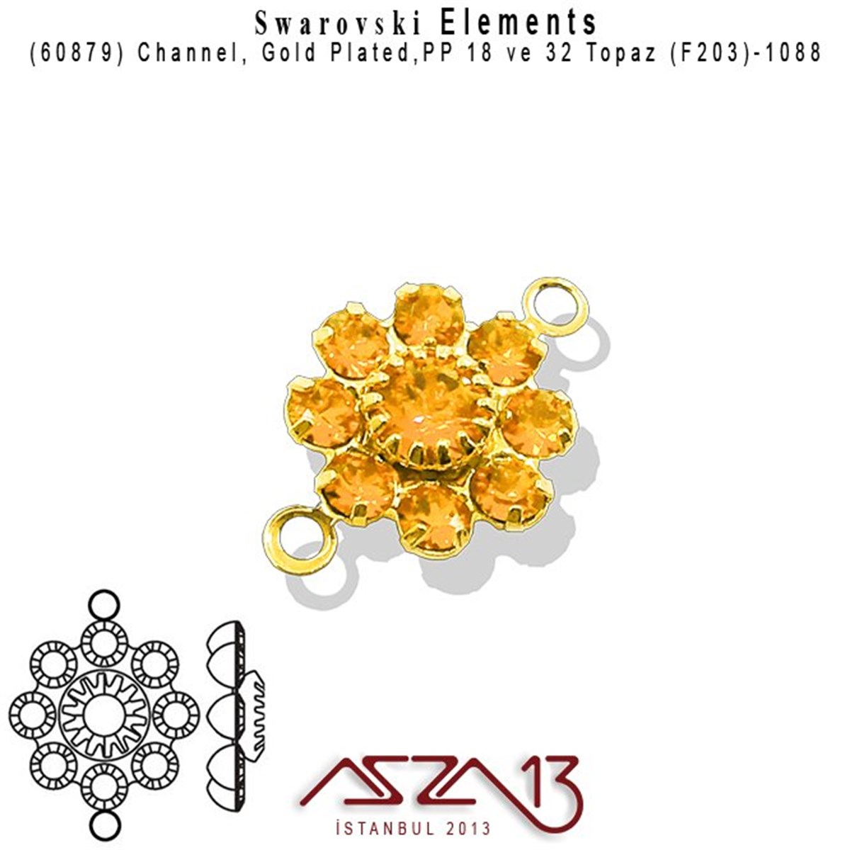 Swarovski Elements Findings, Kristal Ara MalzemelerSWAROVSKI®  ELEMENTSSwarovski60879 F203 1088 (Topaz) PP 18 ve 32 Gold Plated Linked / 1 Adet