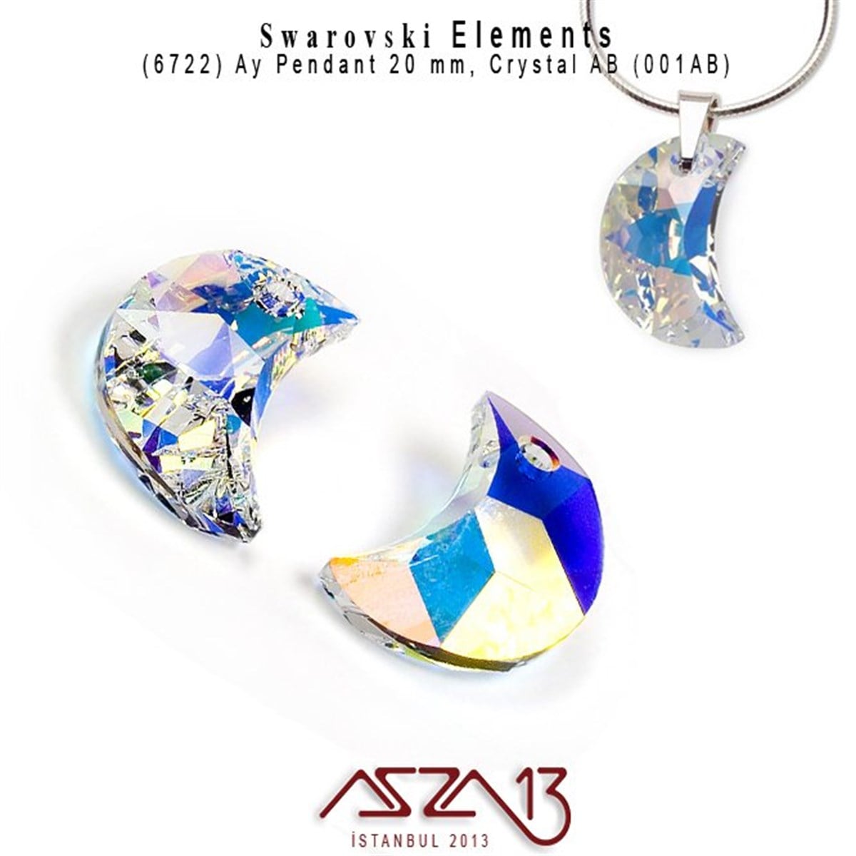 Swarovski Elements PendantSWAROVSKI®  ELEMENTSSwarovski6722 001 AB (Crystal Aurore Boreale) Moon Pendant (Kaplamalı Kristal Renk, Ay Şekilli Uç) 20 mm / Paket İçeriği 1 Adet