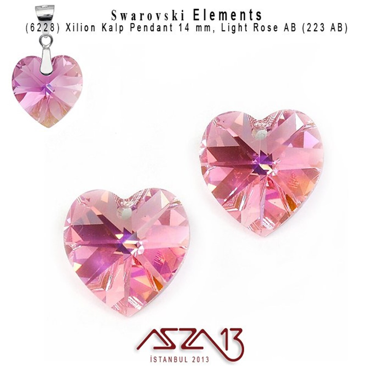 Swarovski Elements PendantSWAROVSKI®  ELEMENTSSwarovski6228 223 (L.Rose C. Aurore Boreale)  Xilion Heart Pendant (A.Gül Kapl. Kristal Renk Kalp Şekilli Uç) 14 mm / 2 Adet