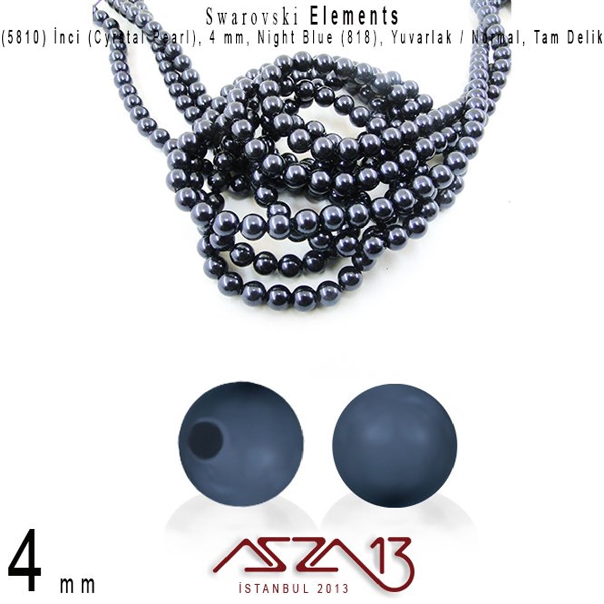 Swarovski Elements ÜrünleriSWAROVSKI®  ELEMENTSSwarovski5810-818 Crystal Night Blue Pearl 4 mm (İnci) / 50 Adet