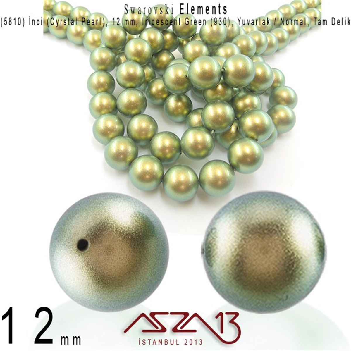 Swarovski Elements ÜrünleriSWAROVSKI®  ELEMENTSSwarovski5810-930 Crystal Iridescent Green Pearl 12 mm (İnci) / 10 Adet